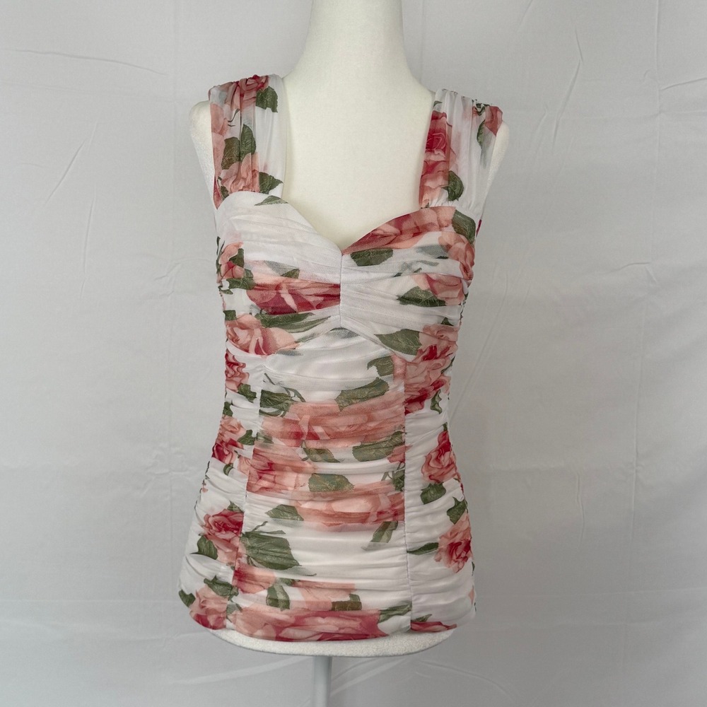 Venus Floral Mesh Ruched Sweetheart Neckline Top‎ Pink Rose Sleeveless Blouse M